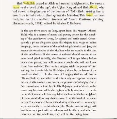 Waliullah's traitorous letter to Afghan King Abdali to invade India